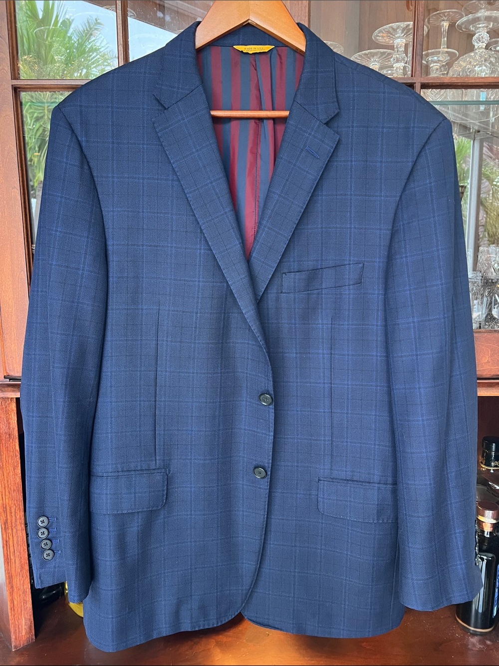 Super 150's Fine Wool Men's Navy Windowpane Blazer Tailored by Hickey Freeman